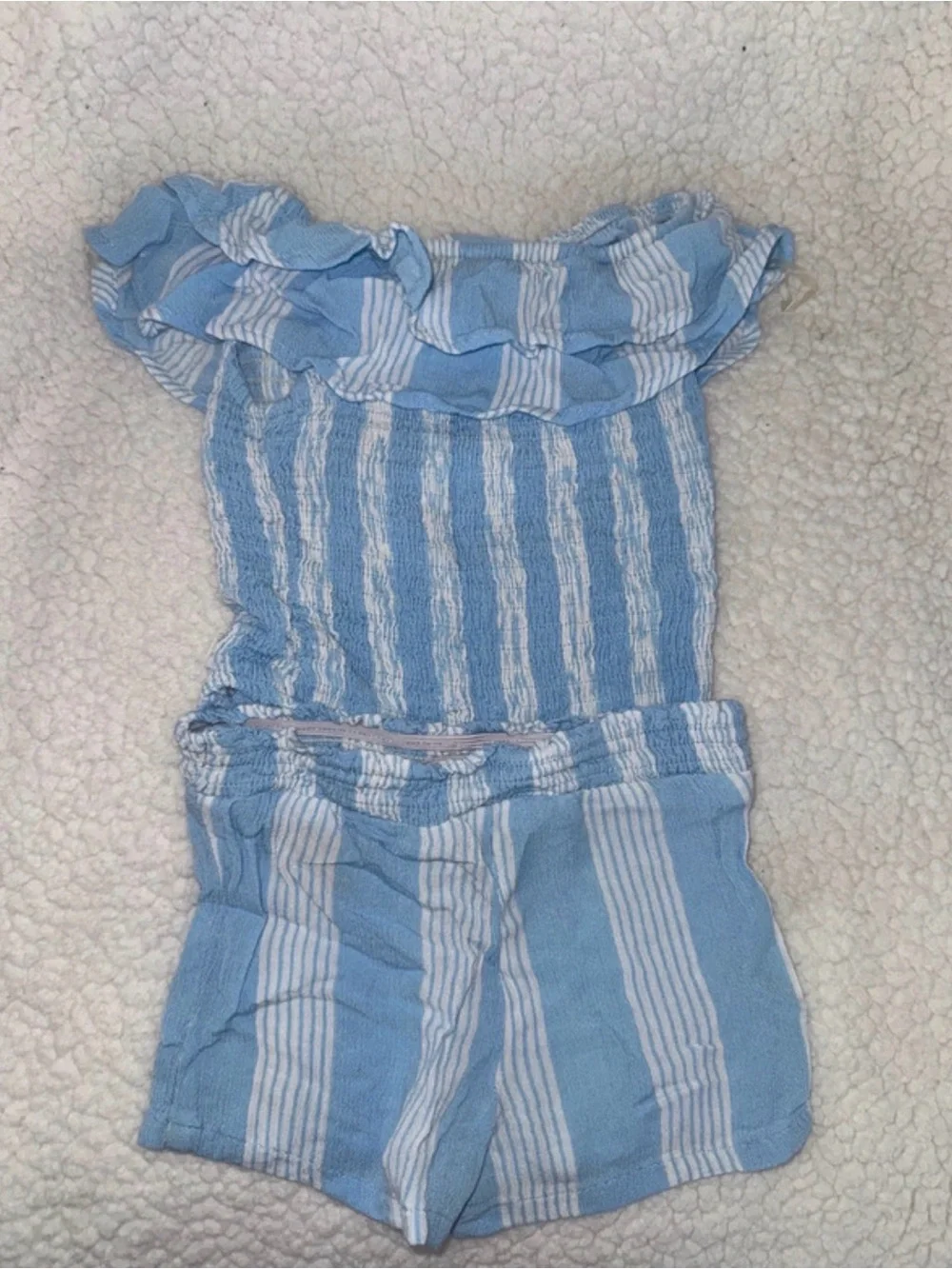 7 For All Mankind Light Blue & White Striped Ruffle Top and Shorts Set